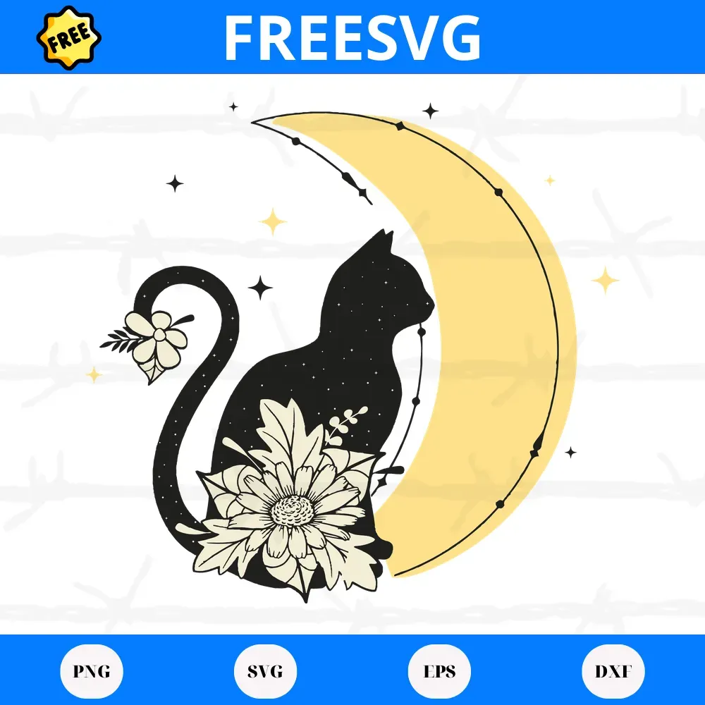 Free Black Cat Floral Moon, Svg Png Dxf Eps Cricut Files