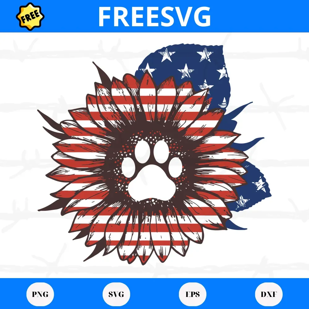 Free Dog Sunflower American Flag, Laser Cut Svg Files